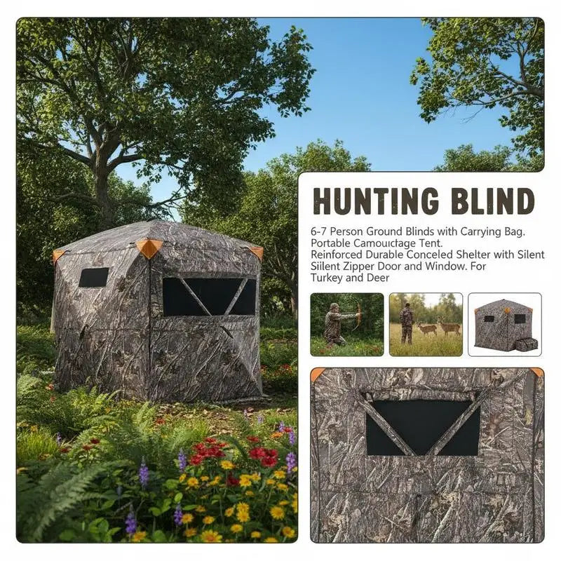 Portable Camouflage Enclosure 100x100x80 inches For Turkey Hunting Deer Archery Outdoor Photography, Silent Zipper Reinforced Frame Durable Ground Shelter Carrying Bag Included High Capacity Design Multi Window Visibility Outdoor Concealment Hub
