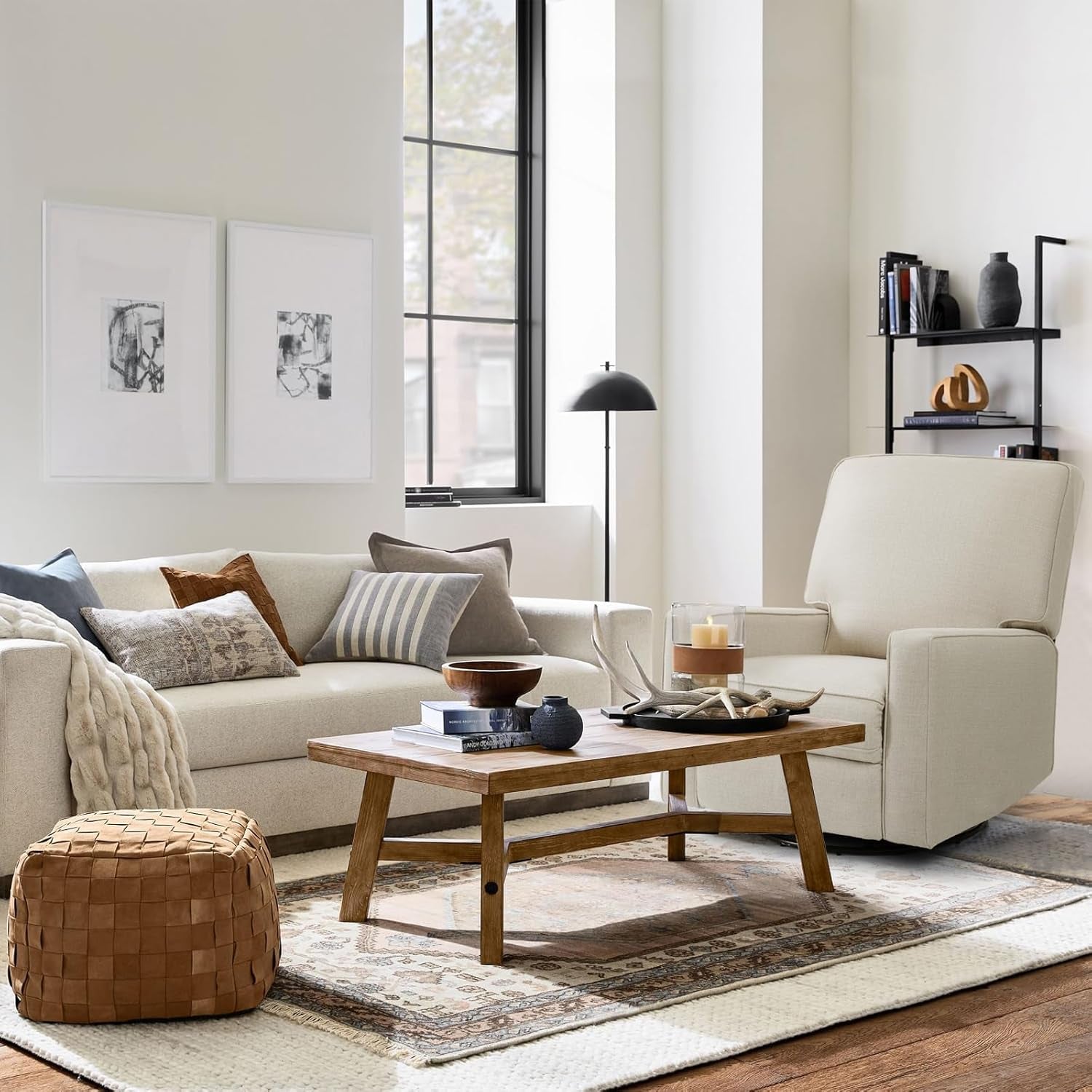 Beige Fabric Swivel Rocker Recliner Armchair DeepSeat