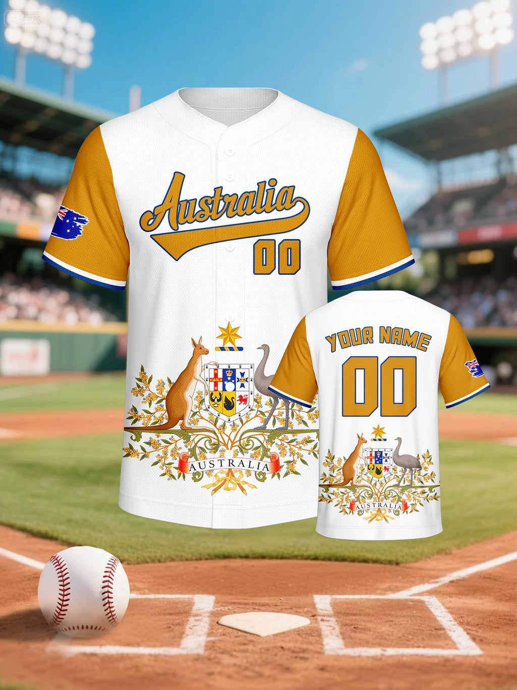 Personalized Australia Baseball Jersey Custom Name Number Flag Inspired Button Down Baseball Shirt Sportwear for Men