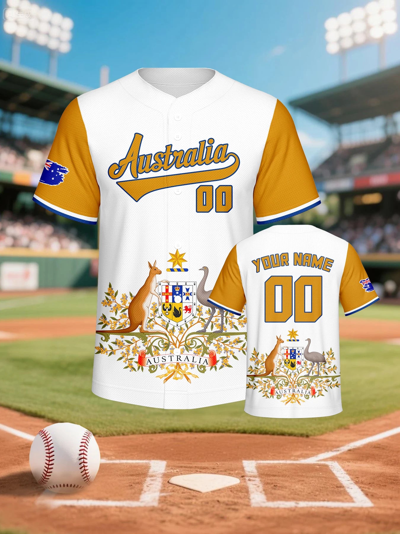 Personalized Australia Baseball Jersey Custom Name Number Flag Inspired Button Down Baseball Shirt Sportwear for Men