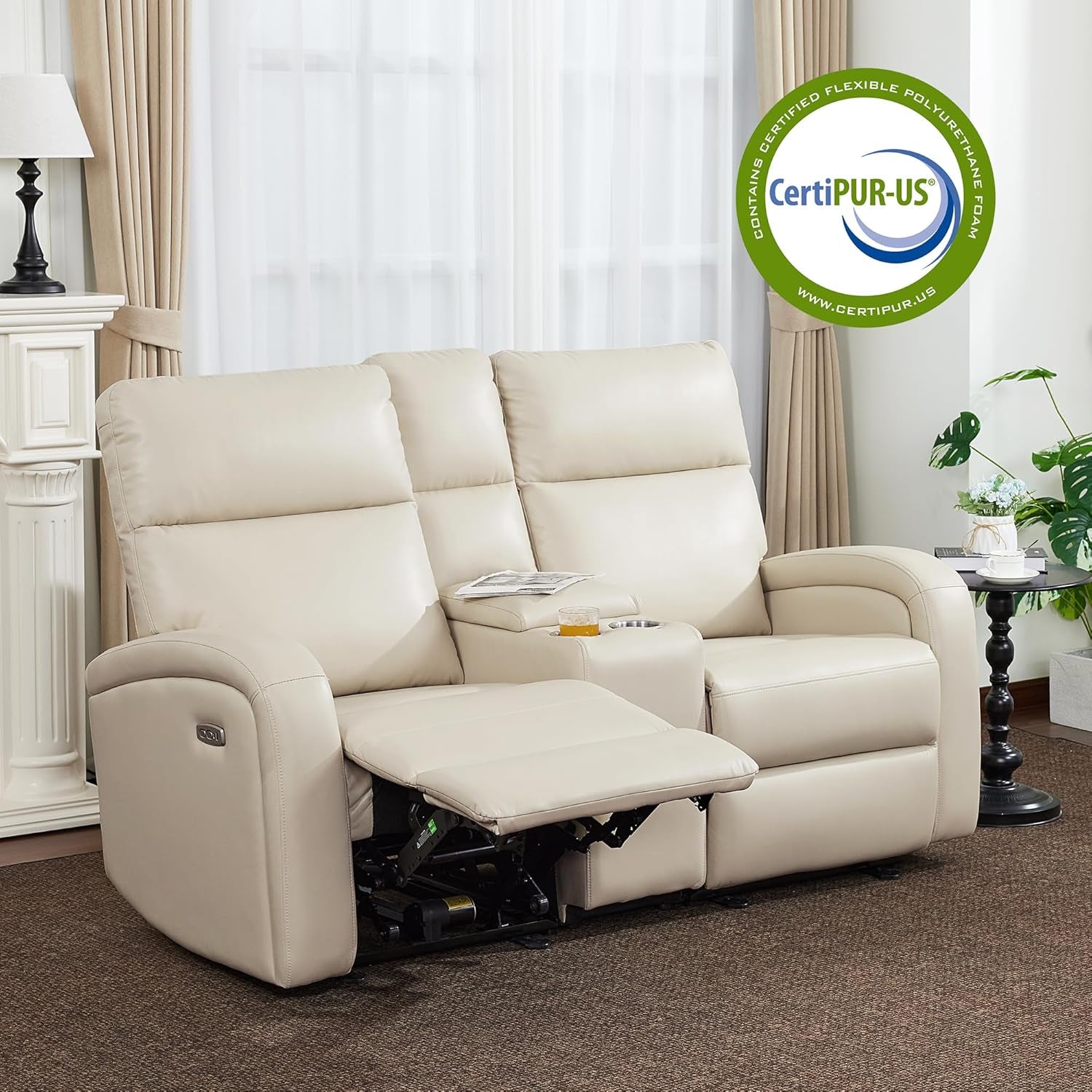 65.7 Inch Power Wall Hugger Recliner Loveseat With Console USB Type C Ports Beige