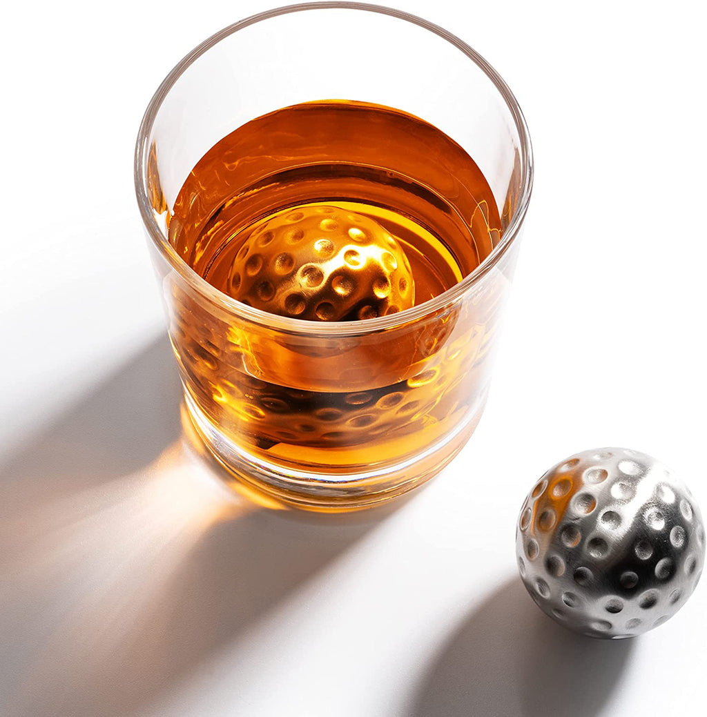 Luxurious Bar Gift Set - Golf Whiskey Glasses - Golf Ball Chillers - Tongs - Set in Premium Wood Box by The Wine Savant - Unique Whiskey Glass Set - Golf Gifts, Golfer Gifts, Gifts for Golf Lovers