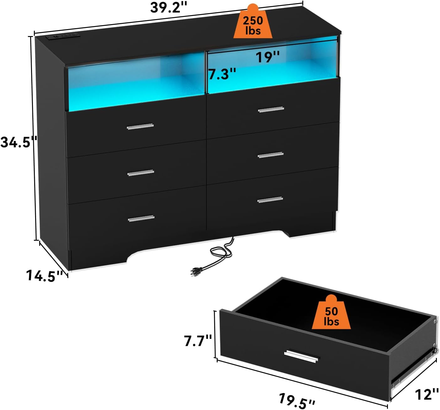 Black Dresser With Power Outlets And LED Lights 6 Drawers
