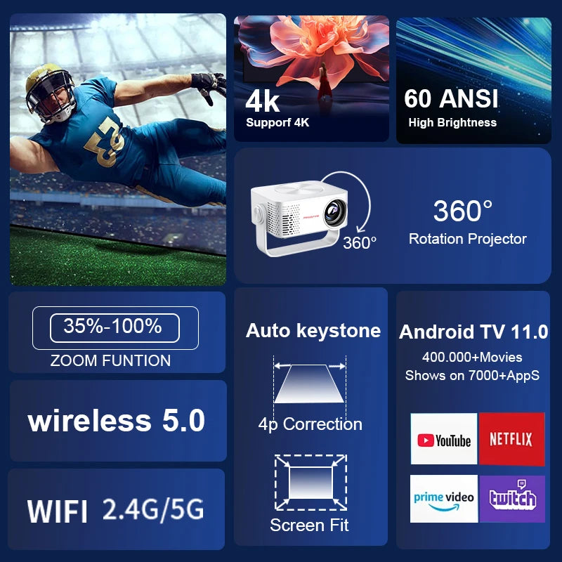 M60 Projector Full HD 1080P Supported 4K Portable Ultra Thin Projector Dual Band 2.4G+5G WiFi Auto Focus Auto Keystone Home Theater Office Projector