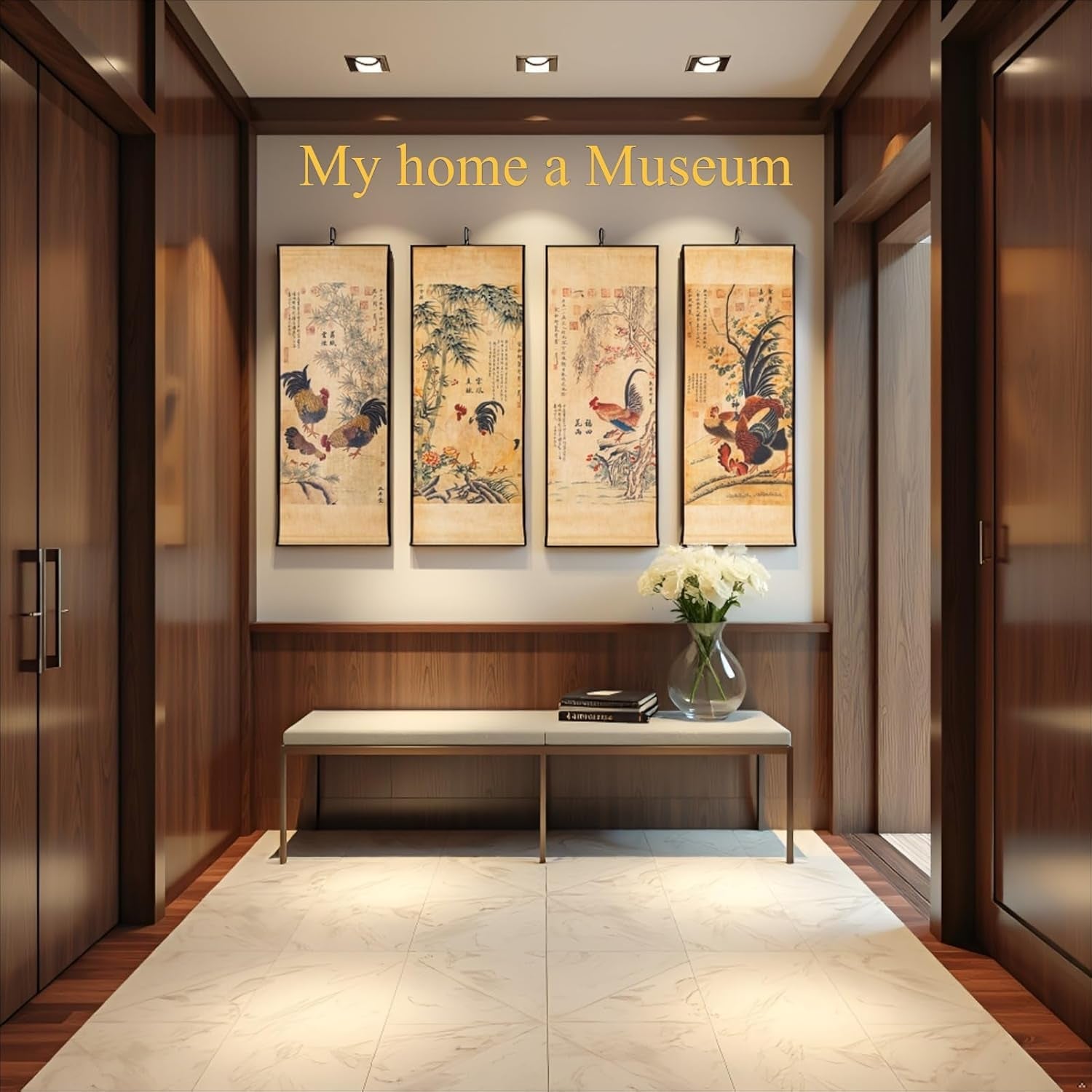 Antiqued Rooster Quadruple Panel Farmhouse Wall Art