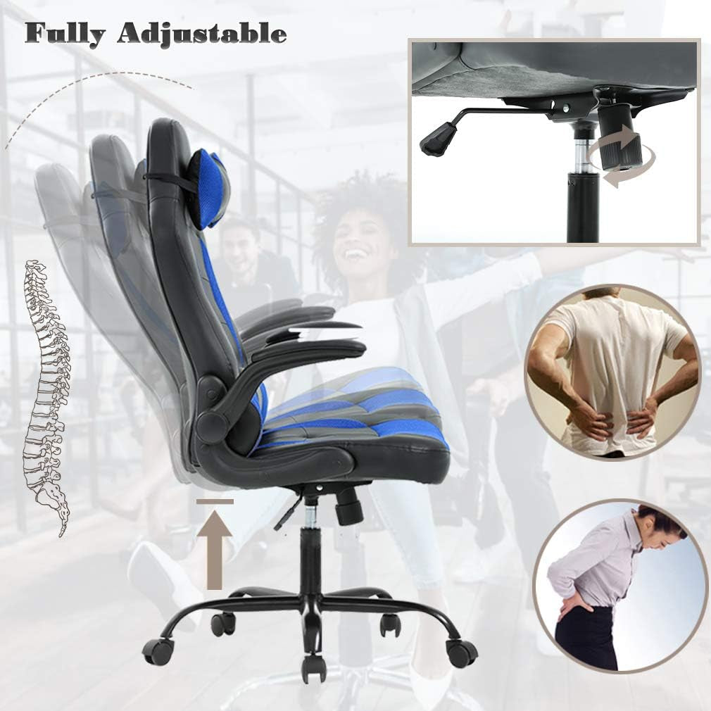 Blue PU Leather Ergonomic Gaming Chair With Lumbar Support
