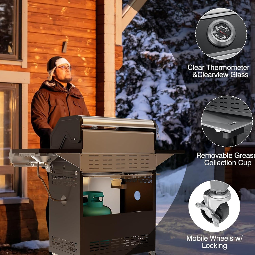 Propane Gas Grill With LED Knobs And Visual Glass Panel Outdoor