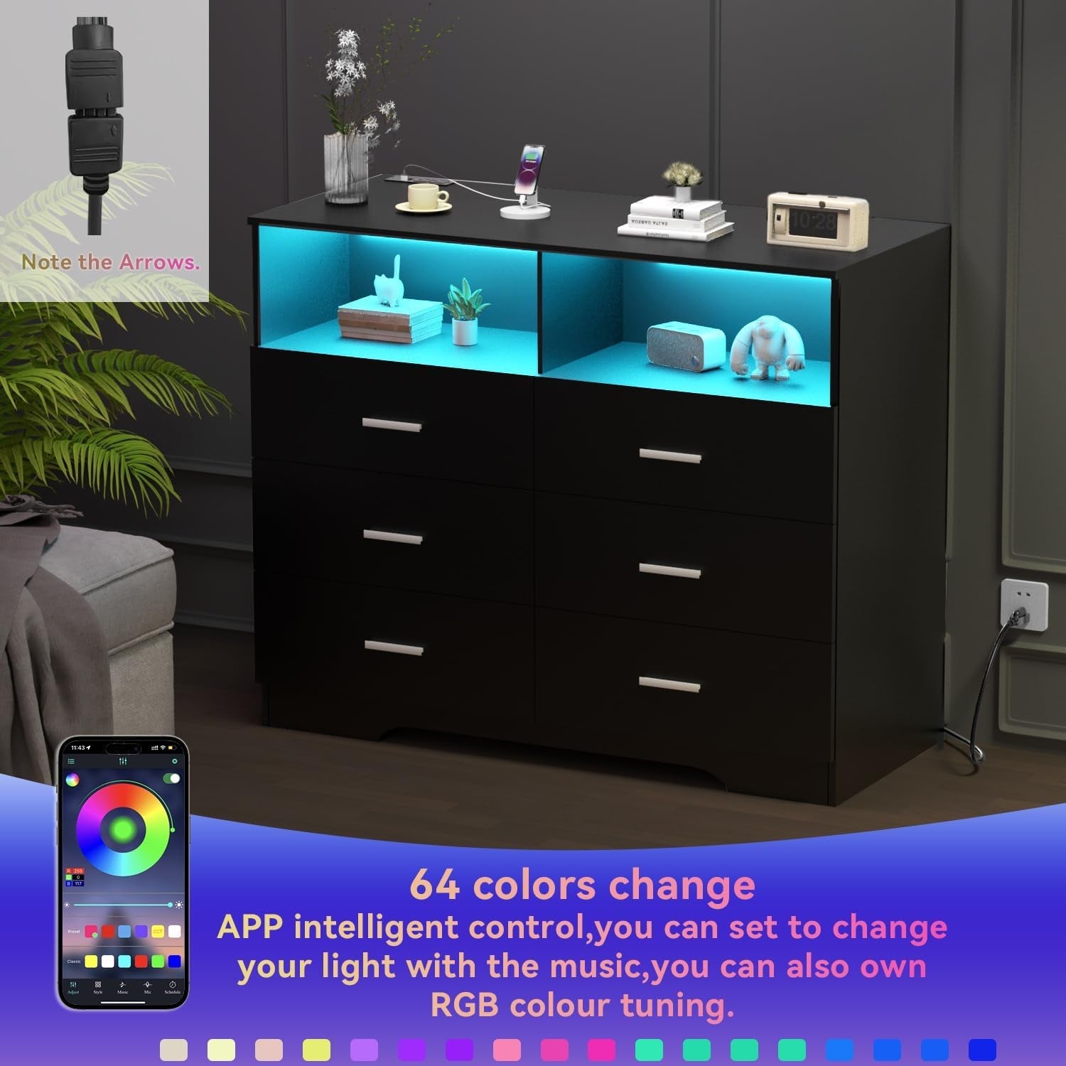 Black Dresser With Power Outlets And LED Lights 6 Drawers