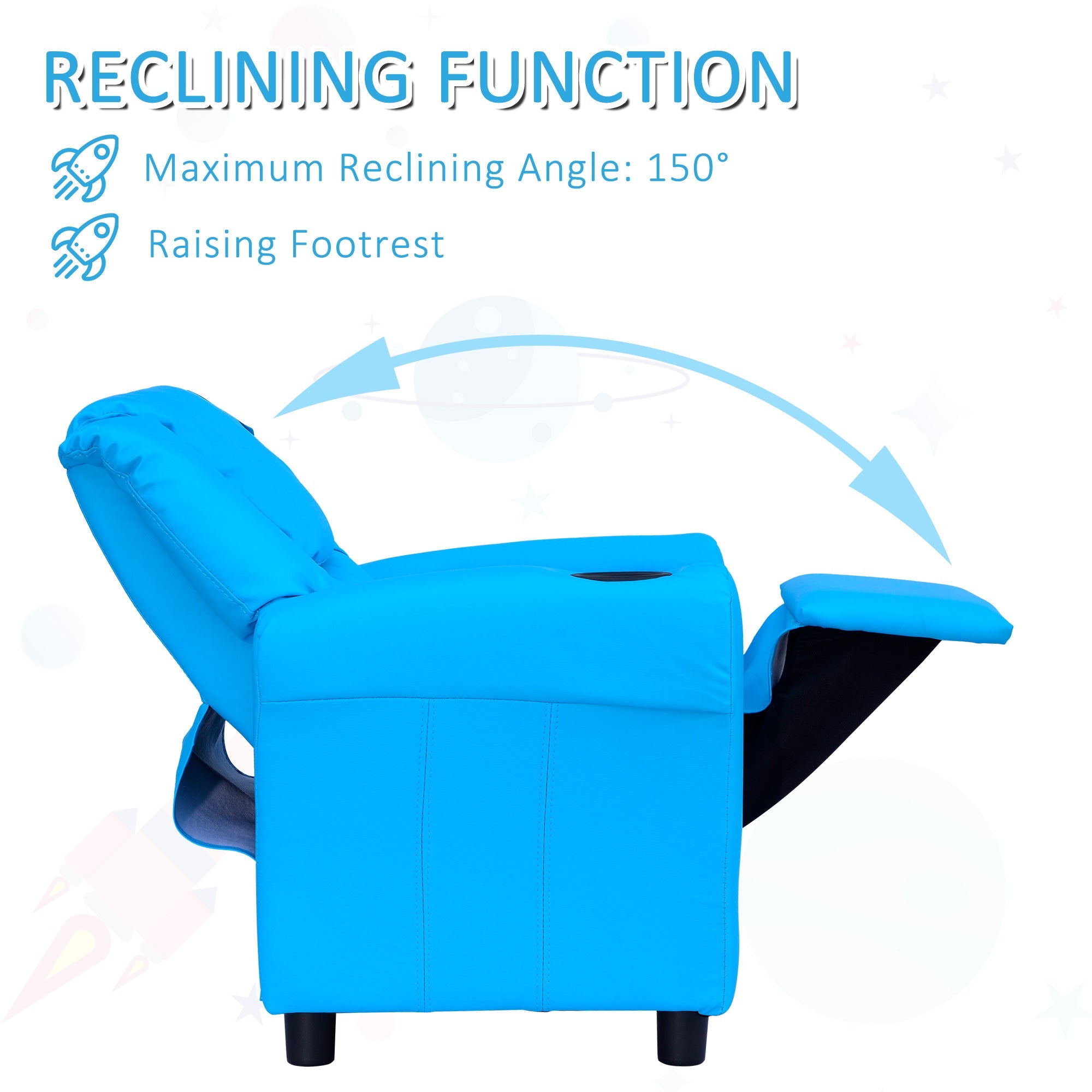 Childrens Recliner Armchair with Cup Holder - Blue PU Leather