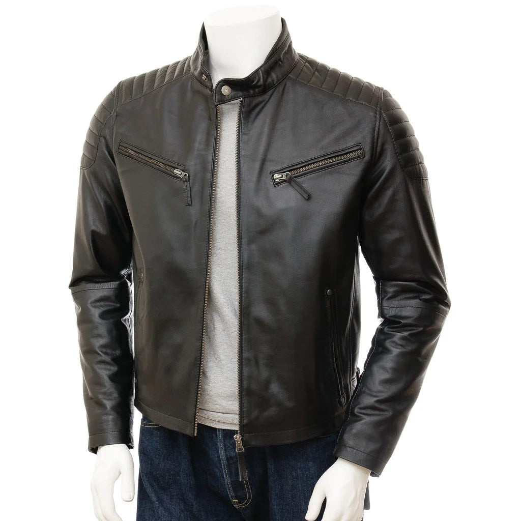 MEN BLACK LEATHER BIKER JACKET HEBRON