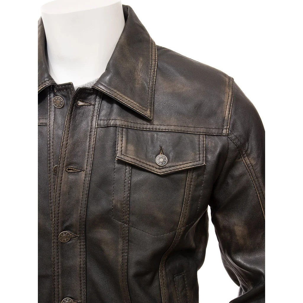 MEN LEATHER TRUCKER JACKET IN VINTAGE PIKE