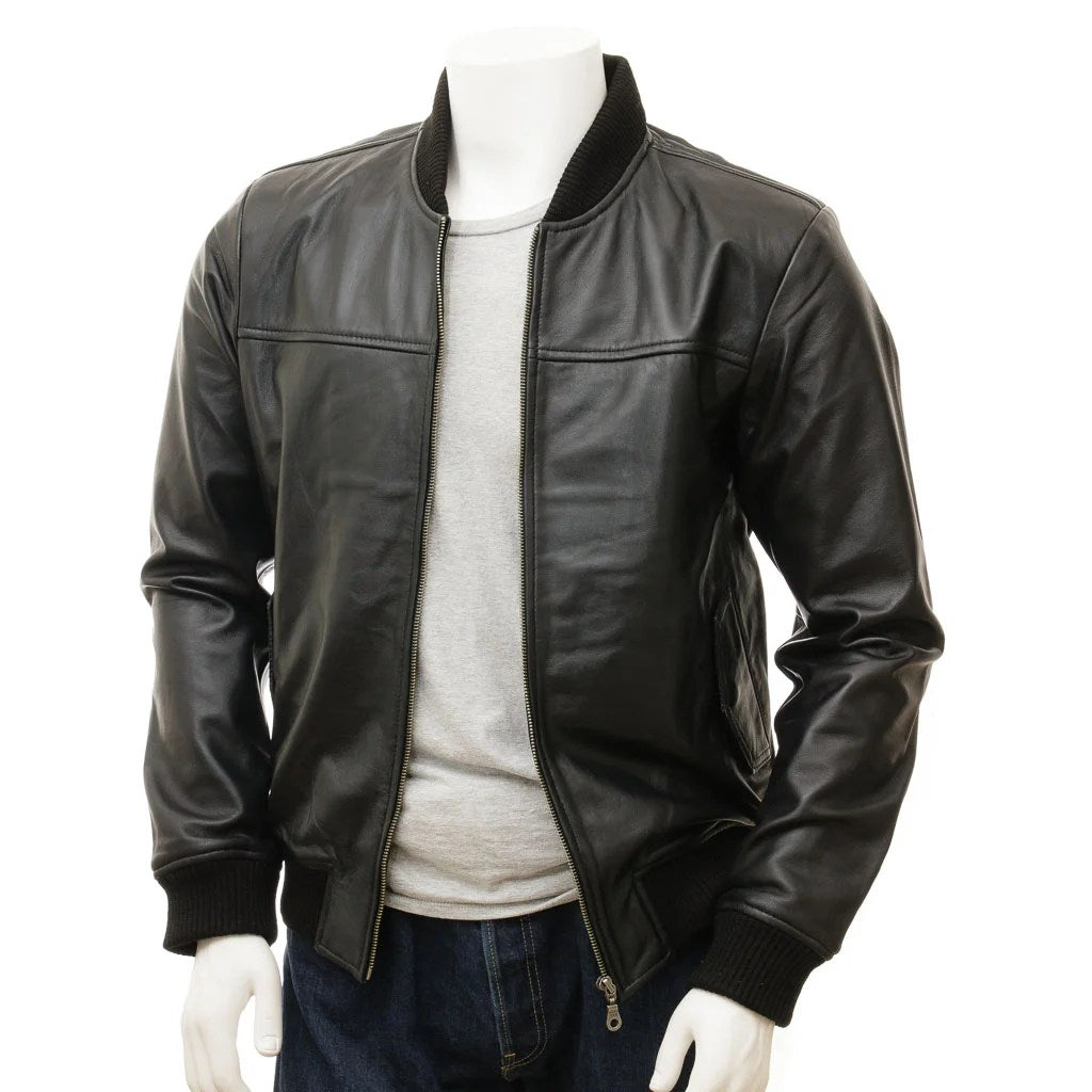 MEN BLACK LEATHER BOMBER JACKET BRADFORD
