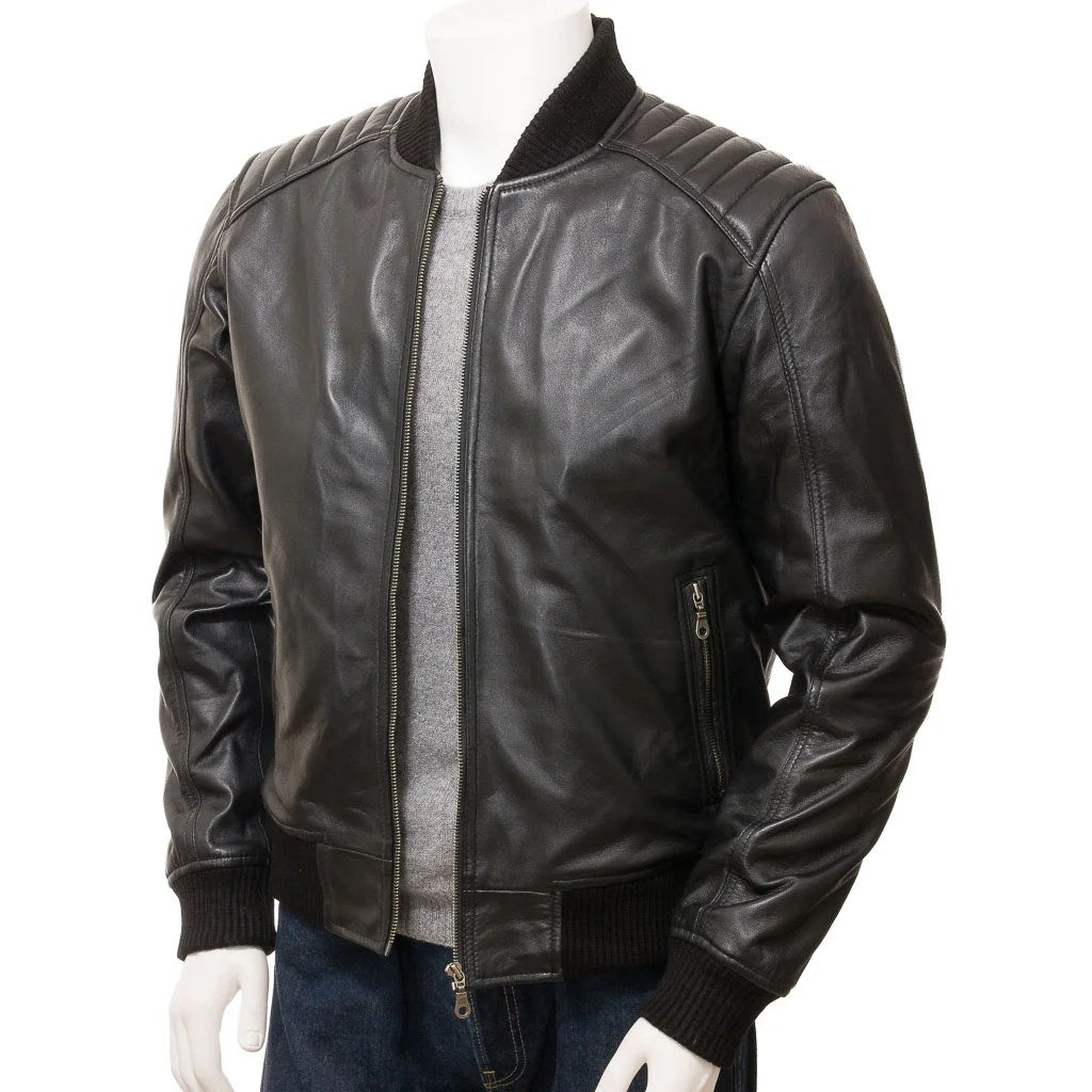MEN BLACK LEATHER BOMBER JACKET BRANDON