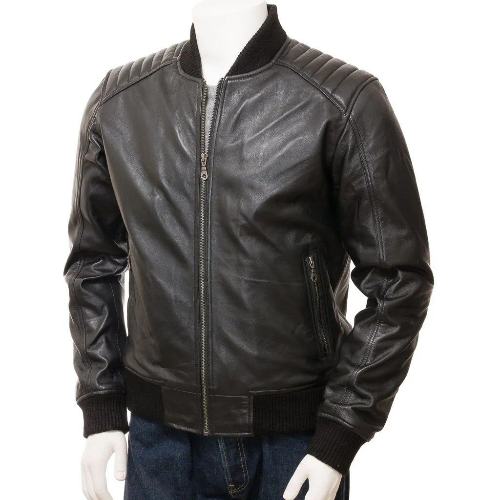 MEN BLACK LEATHER BOMBER JACKET BRANDON