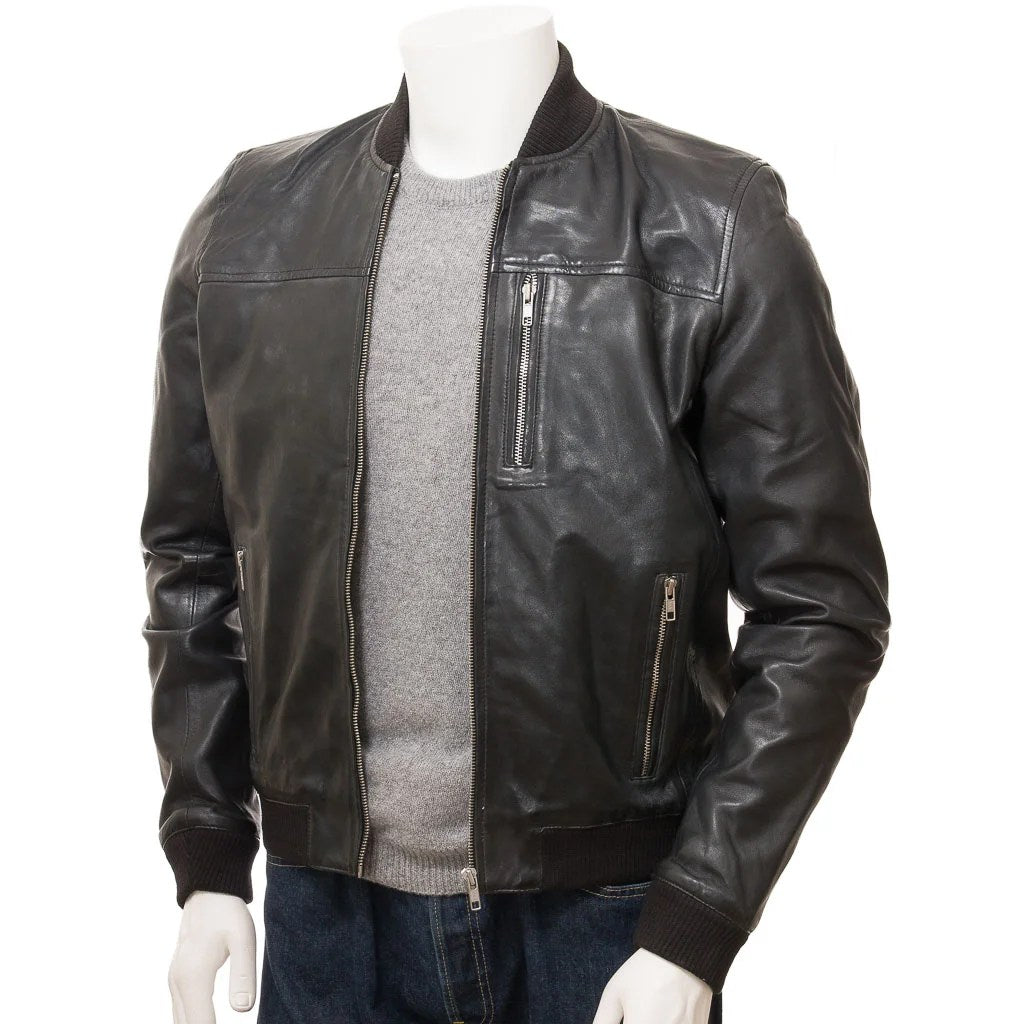 MEN BLACK LEATHER BOMBER JACKET BRASHER