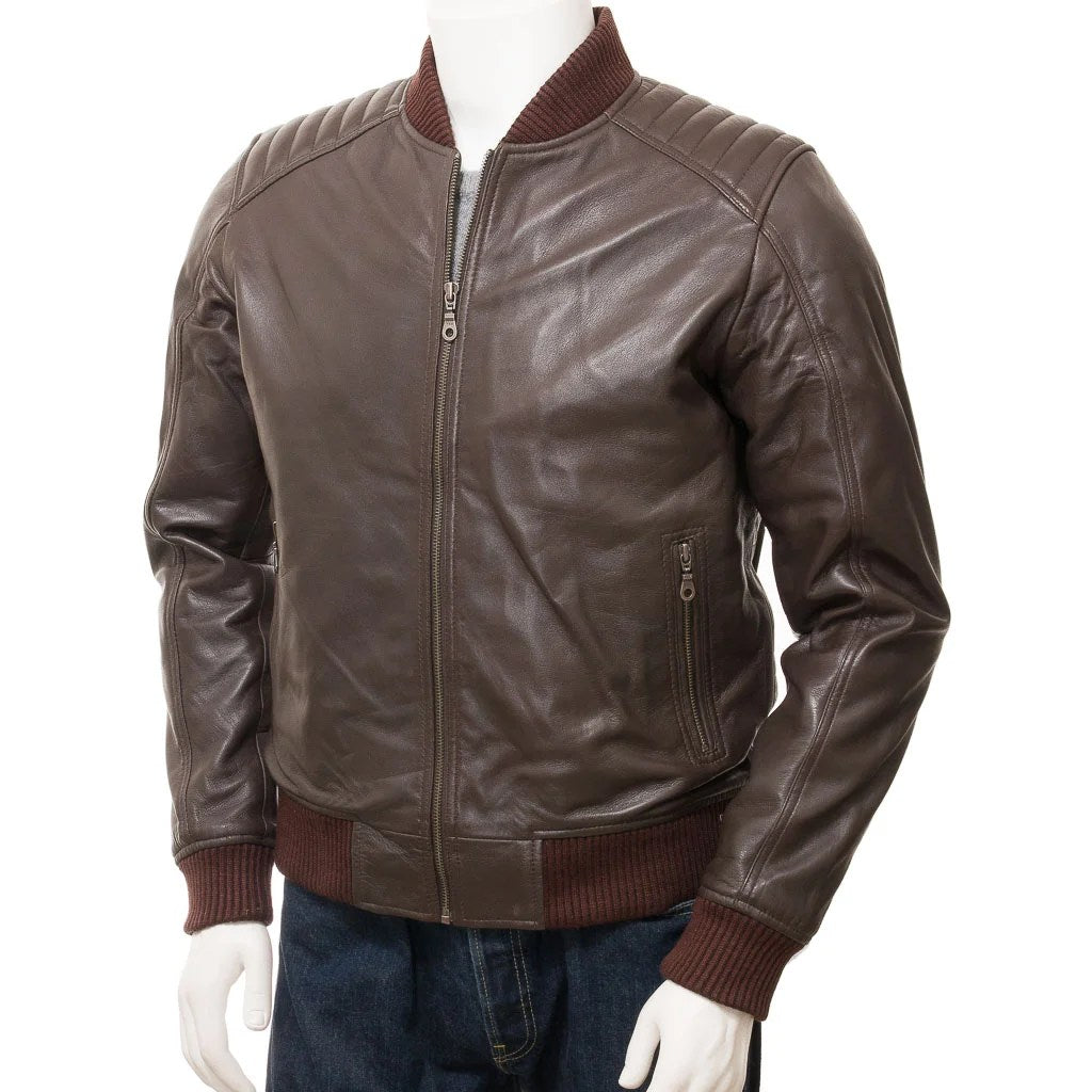 MEN BROWN LEATHER BOMBER JACKET BRUTUS