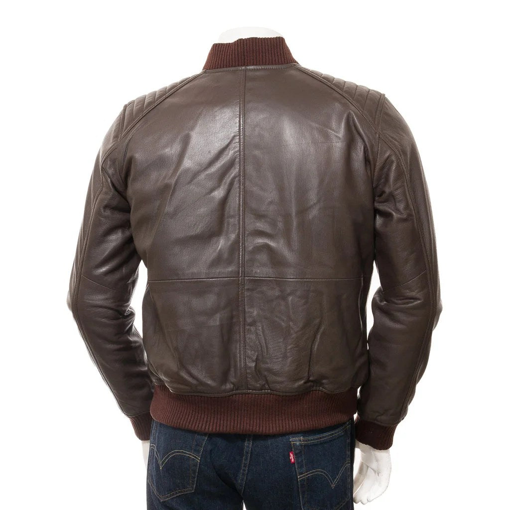 MEN BROWN LEATHER BOMBER JACKET BRUTUS