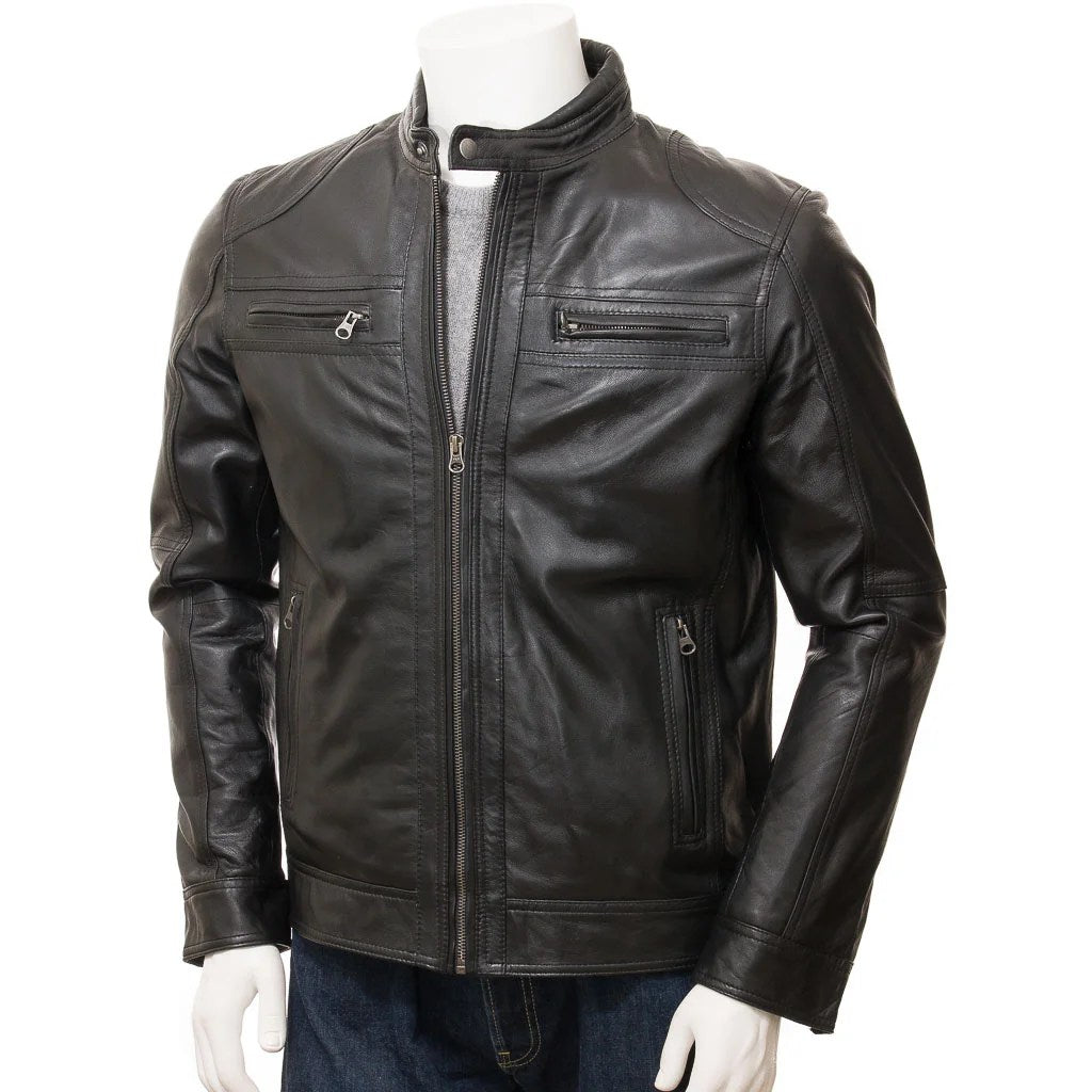 MEN BLACK LEATHER BIKER JACKET FENTON