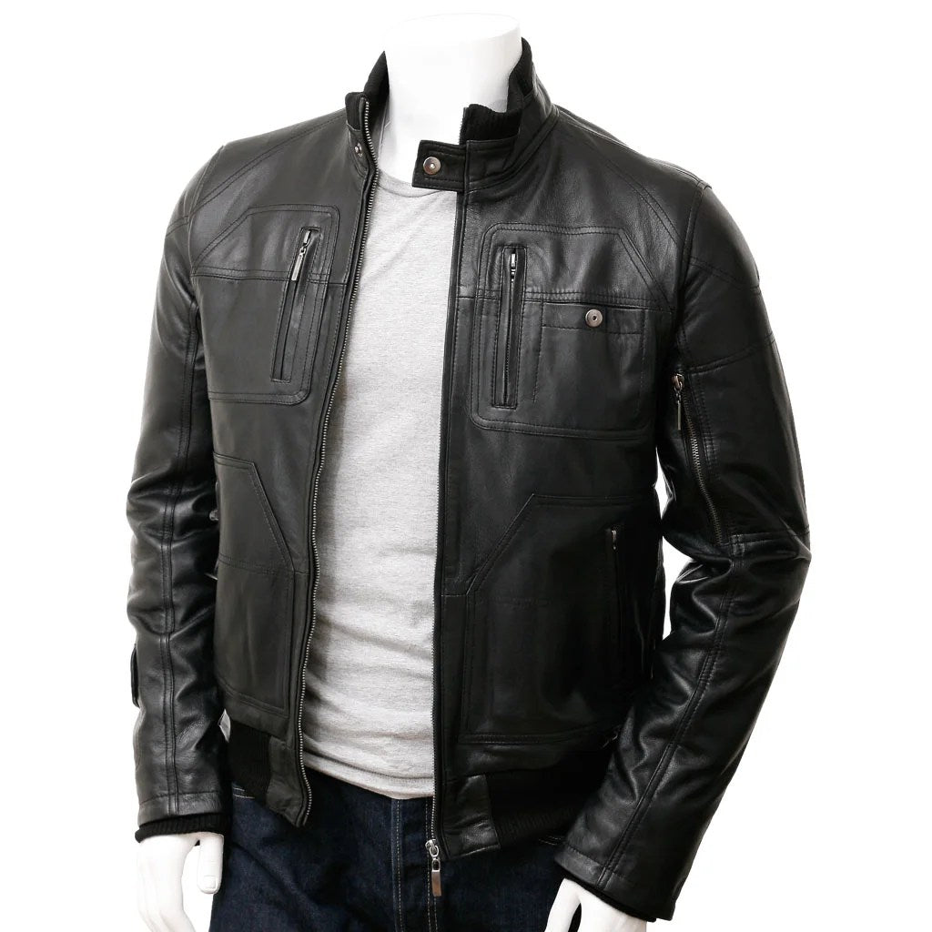 MEN LEATHER BOMBER JACKET IN BLACK GATES