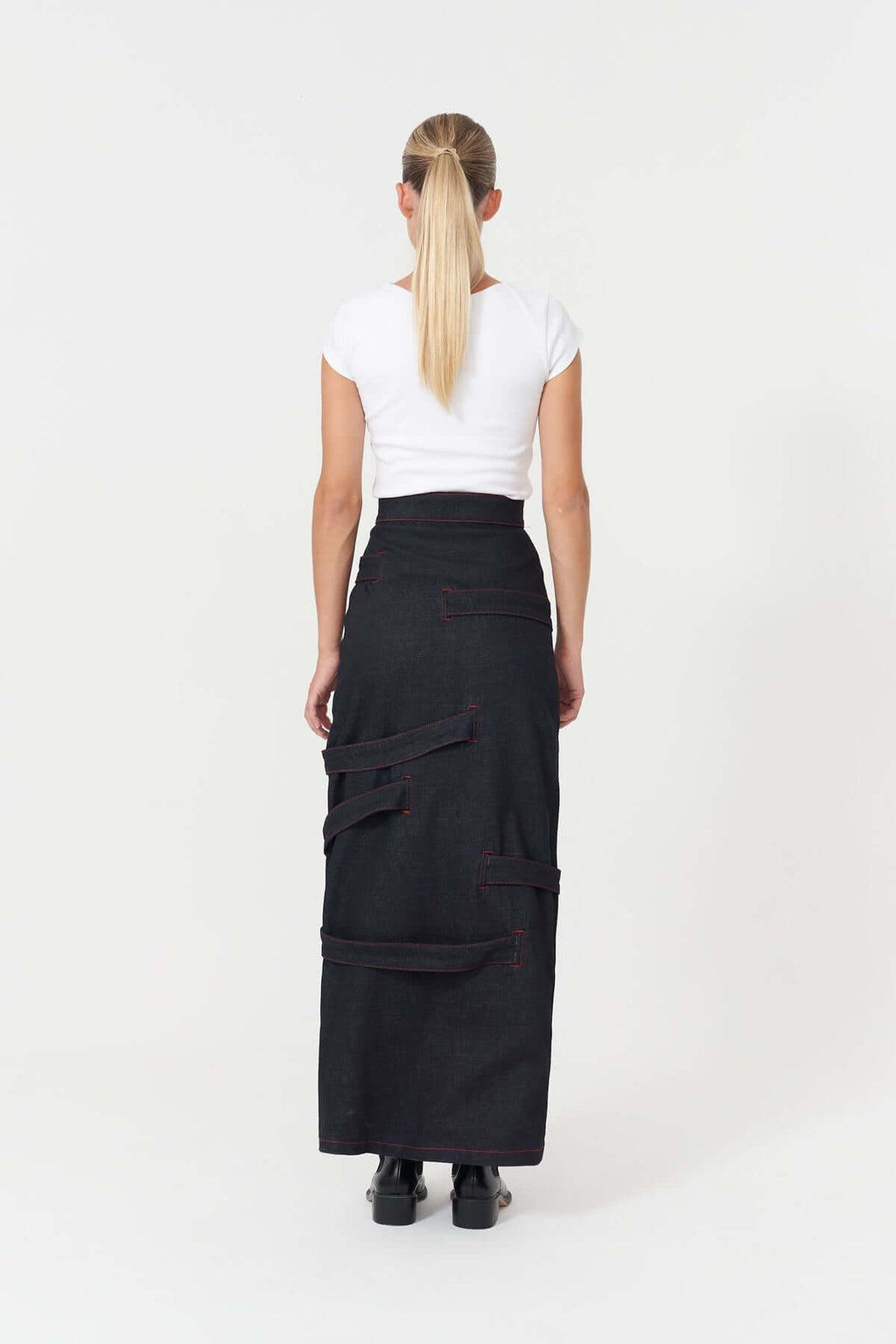 JENDUE Davidson Maxi Denim Skirt - High-Slit & Strappy