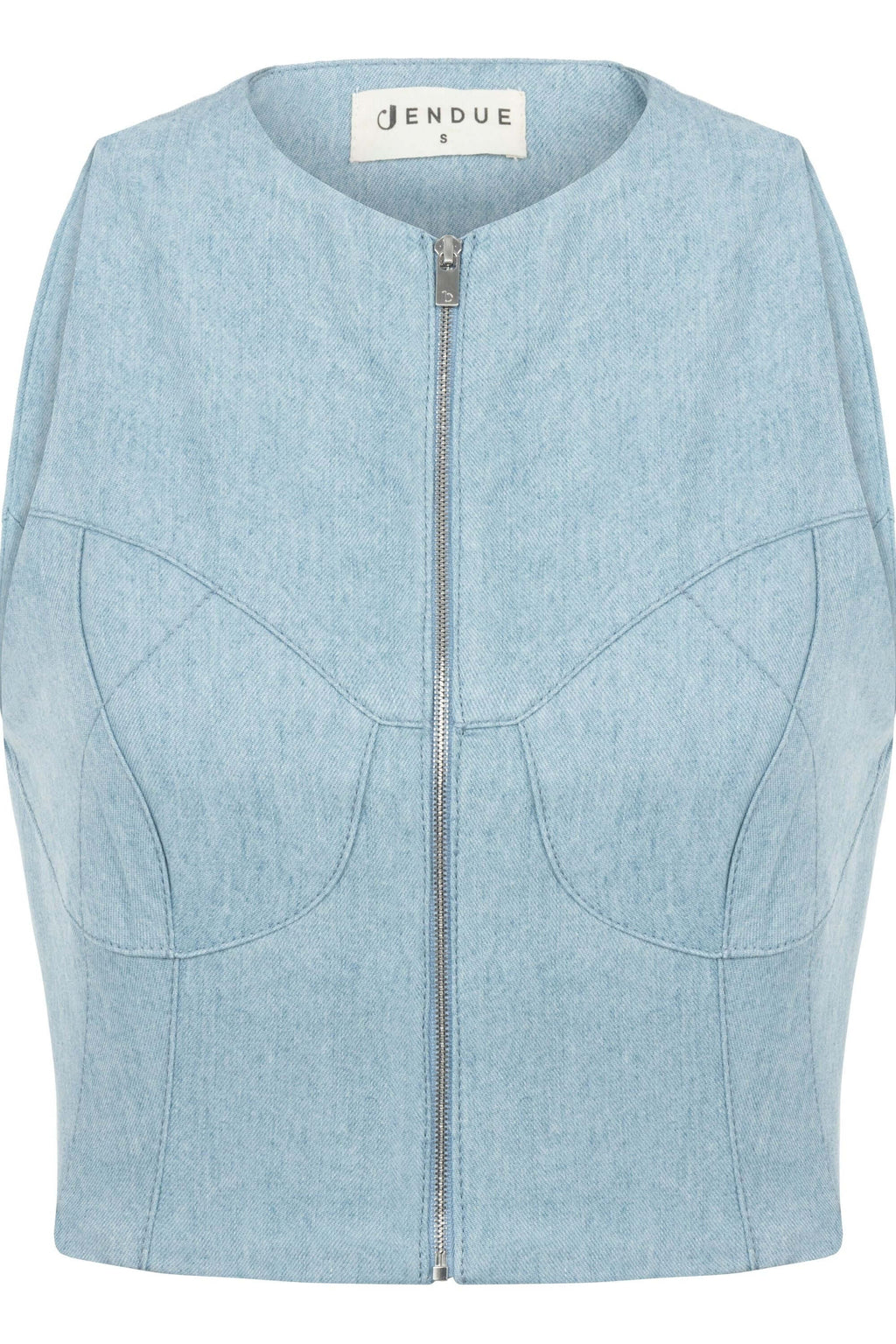 JENDUE Marvel Denim Top - Light Blue Zip-Up Bustier