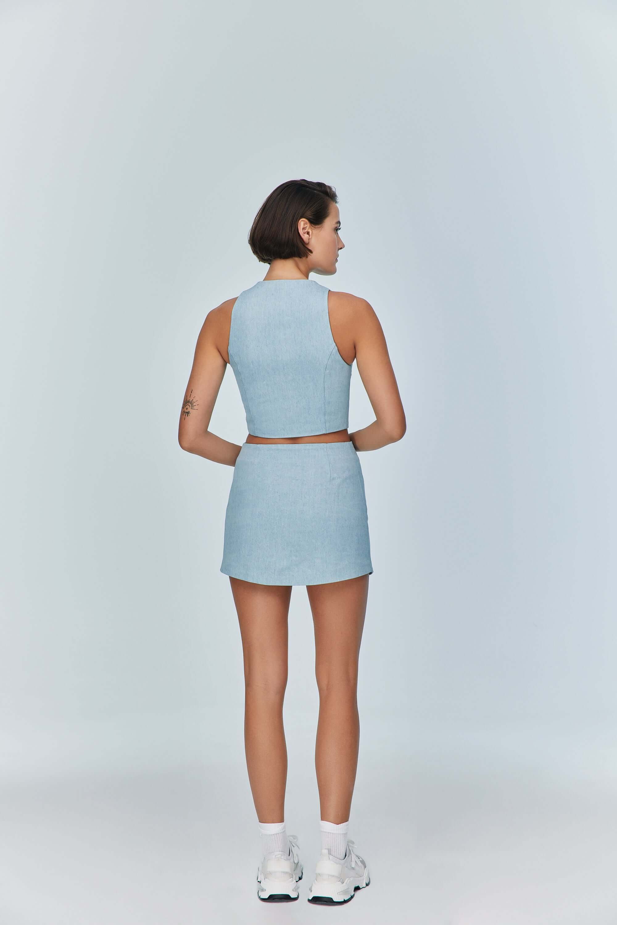 JENDUE Marvel Denim Top - Light Blue Zip-Up Bustier