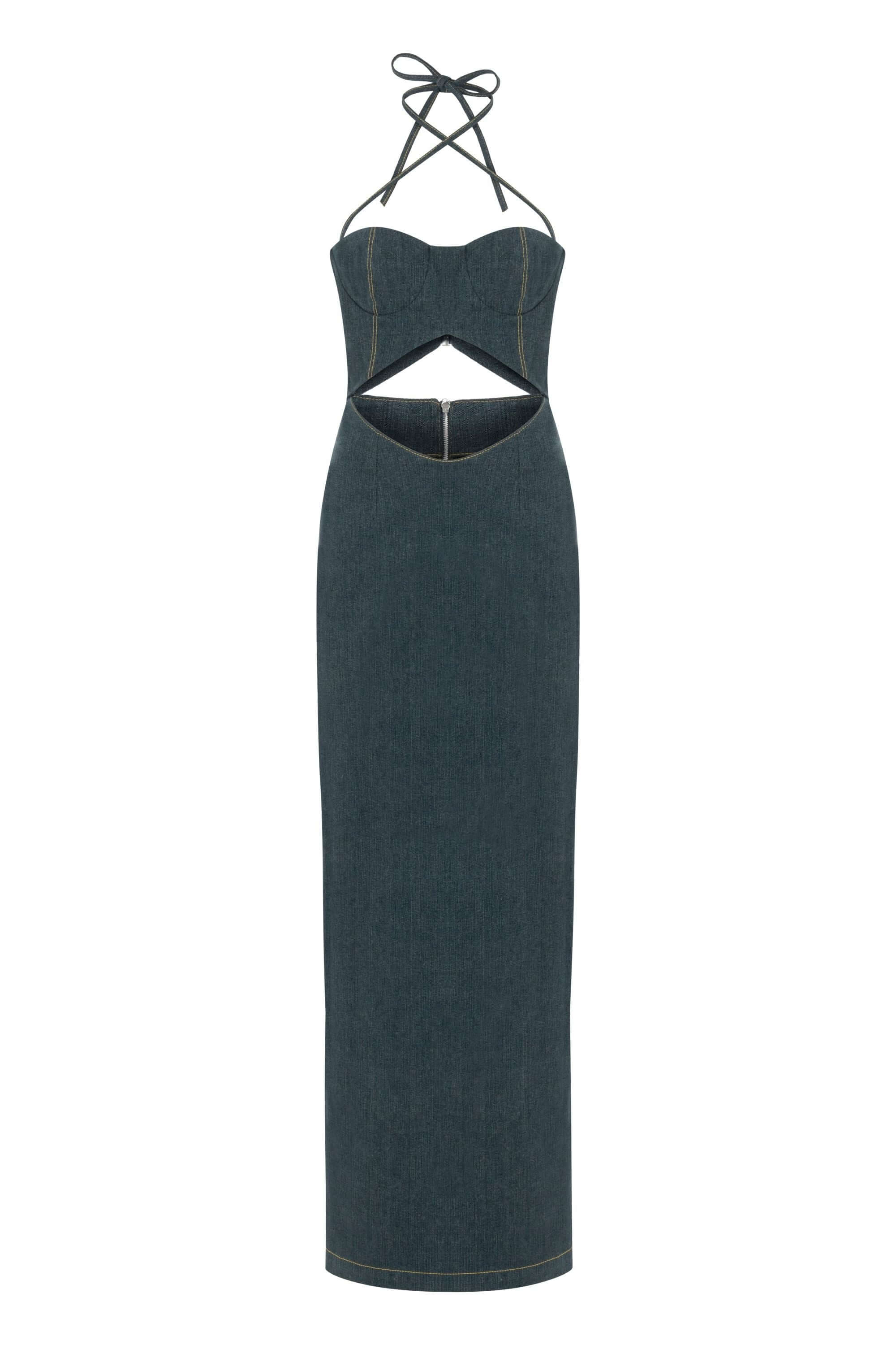 JENDUE Monte Maxi Denim Dress - Halter Cutout Gown