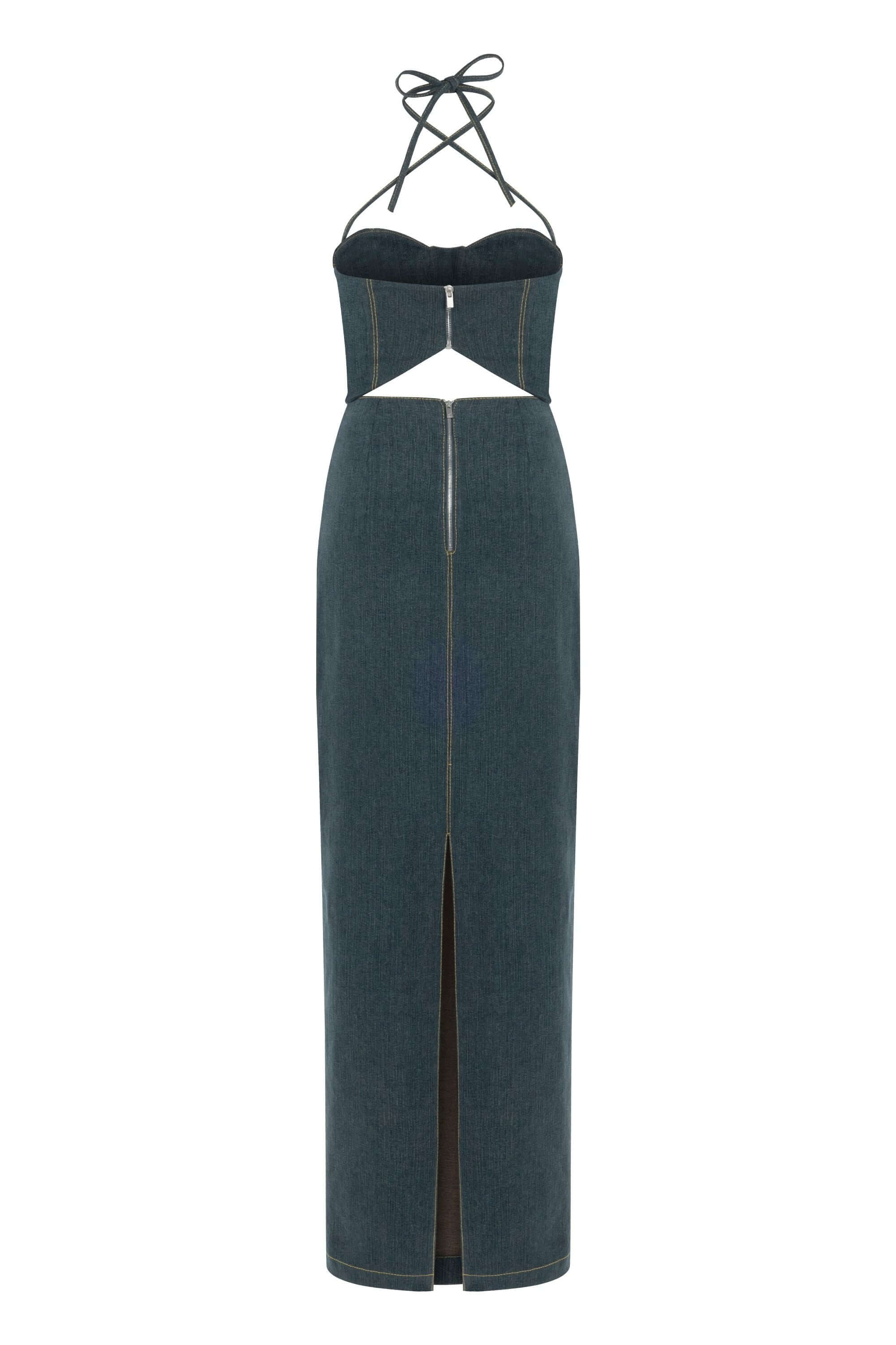JENDUE Monte Maxi Denim Dress - Halter Cutout Gown