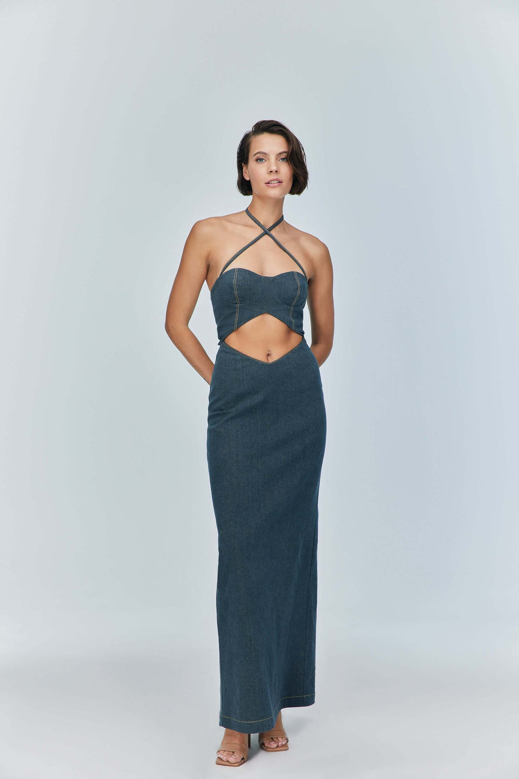 JENDUE Monte Maxi Denim Dress - Halter Cutout Gown