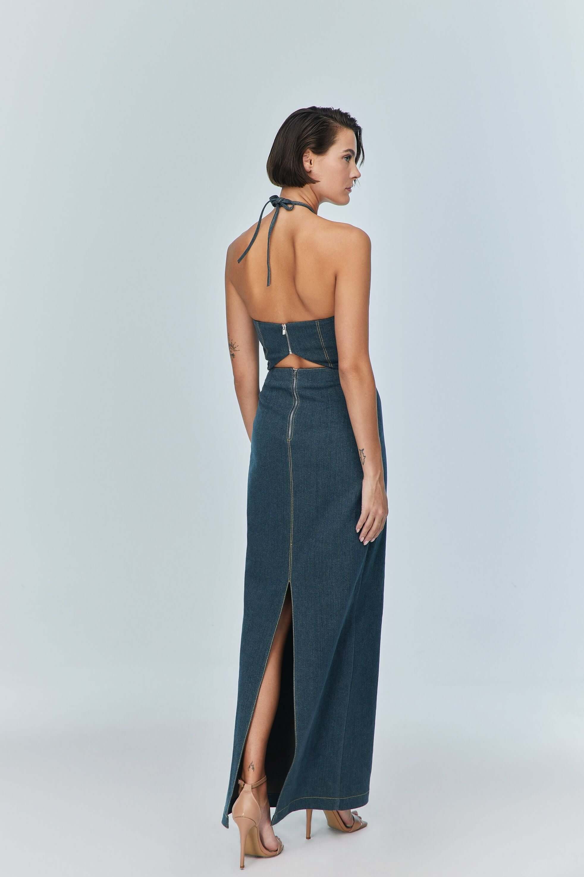 JENDUE Monte Maxi Denim Dress - Halter Cutout Gown