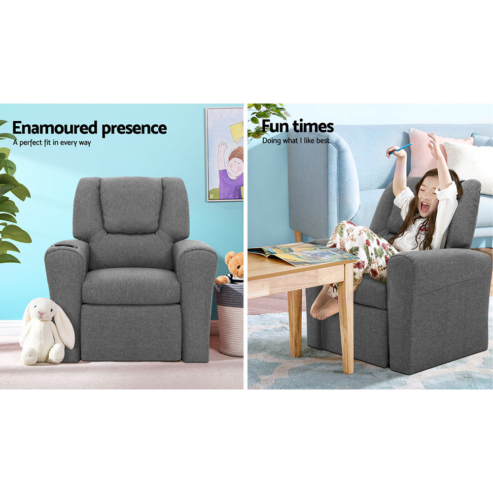 NNEDSZ  Kids Recliner Chair Grey Linen Soft Sofa Lounge Couch Children Armchair