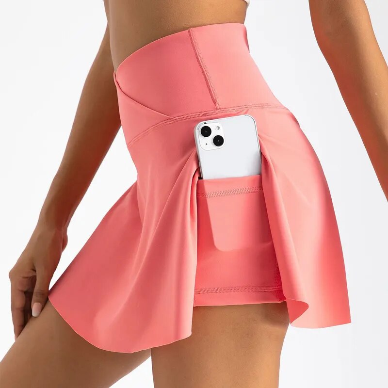 Women Pleated Tennis Skirt with Pockets Shorts Athletic Skirts Crossover High Waisted Athletic Golf Skorts Workout Sports Skirts