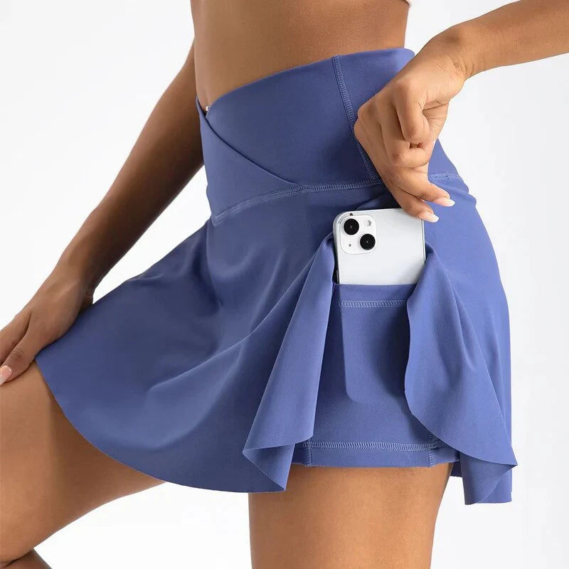 Women Pleated Tennis Skirt with Pockets Shorts Athletic Skirts Crossover High Waisted Athletic Golf Skorts Workout Sports Skirts