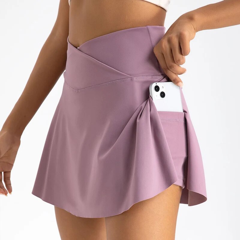 Women Pleated Tennis Skirt with Pockets Shorts Athletic Skirts Crossover High Waisted Athletic Golf Skorts Workout Sports Skirts