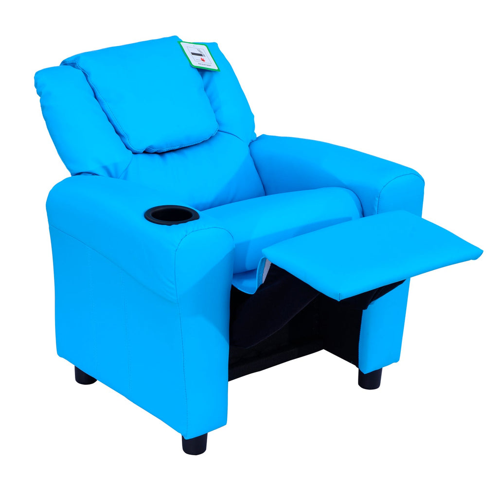 Childrens Recliner Armchair with Cup Holder - Blue PU Leather