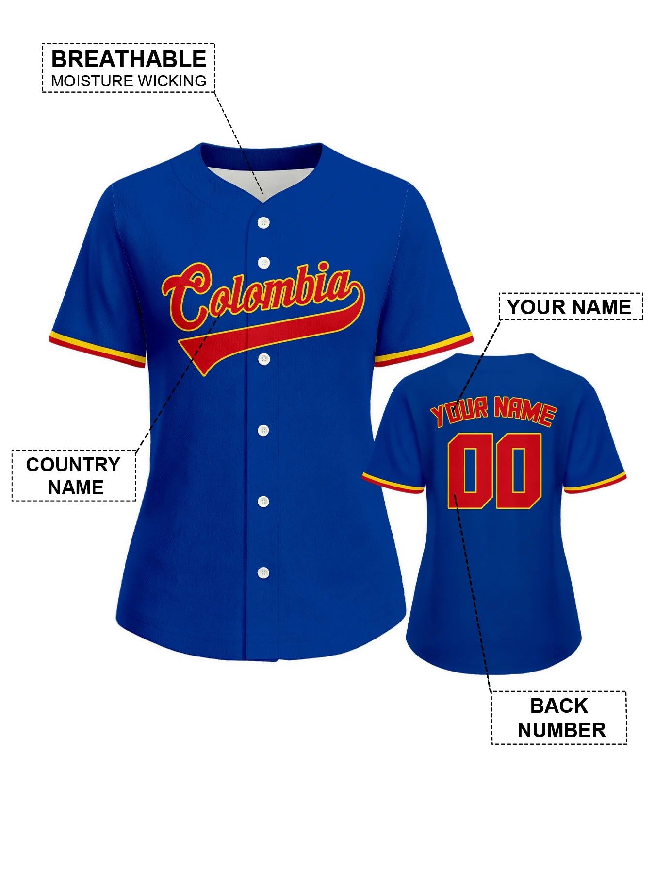 Custom Colombia Baseball Jersey for Women Personalized Baseball Uniform with Name Number Button Down Baseball Shirt Sportwear