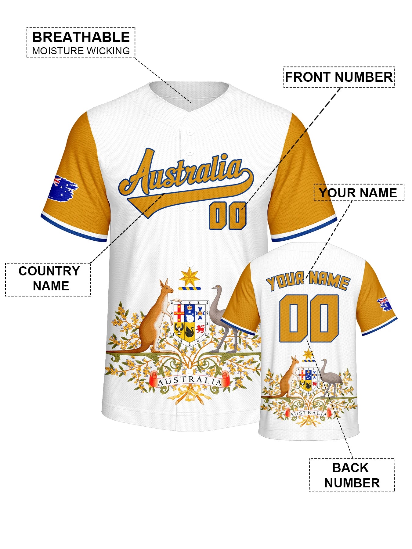 Personalized Australia Baseball Jersey Custom Name Number Flag Inspired Button Down Baseball Shirt Sportwear for Men