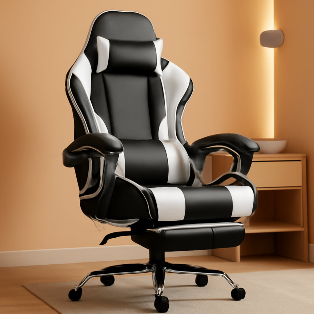 Gaming Chair, Computer Chair with Footrest and Lumbar Support, Height Adjustable Game Chair with 360°-Swivel Seat and Headrest and for Office or Gaming (White)
