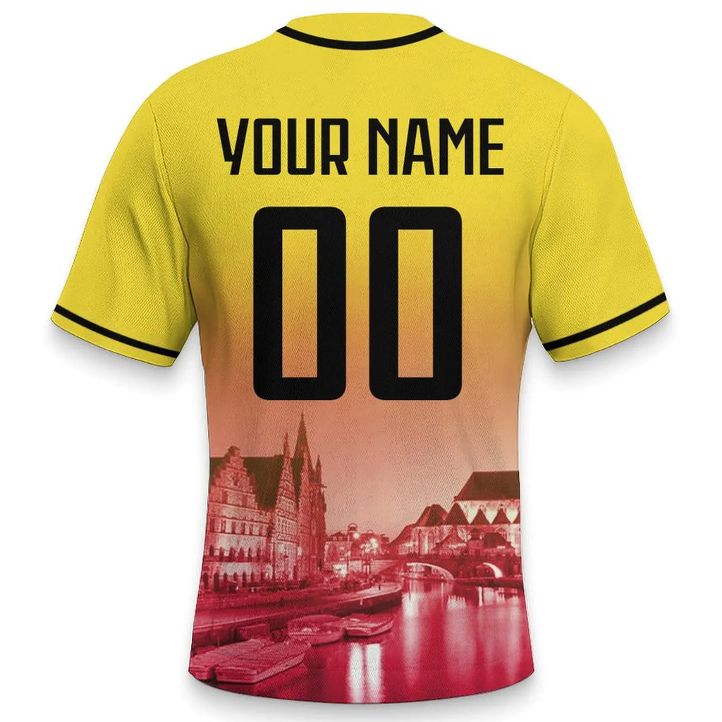 Men's Belgium Custom Baseball Jersey Personalized Name Number Comfort Shirt with City Night View for Baseball Fans Gift