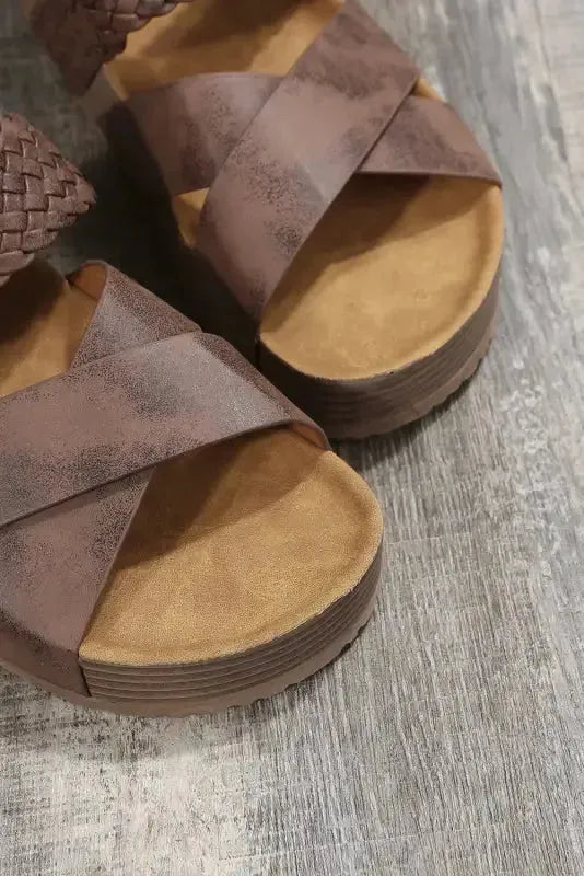 Brown Braided PU Leather Platform Slippers