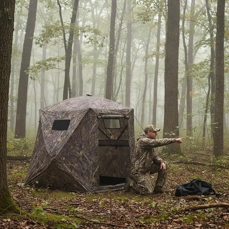 Portable Camouflage Enclosure 100x100x80 inches For Turkey Hunting Deer Archery Outdoor Photography, Silent Zipper Reinforced Frame Durable Ground Shelter Carrying Bag Included High Capacity Design Multi Window Visibility Outdoor Concealment Hub