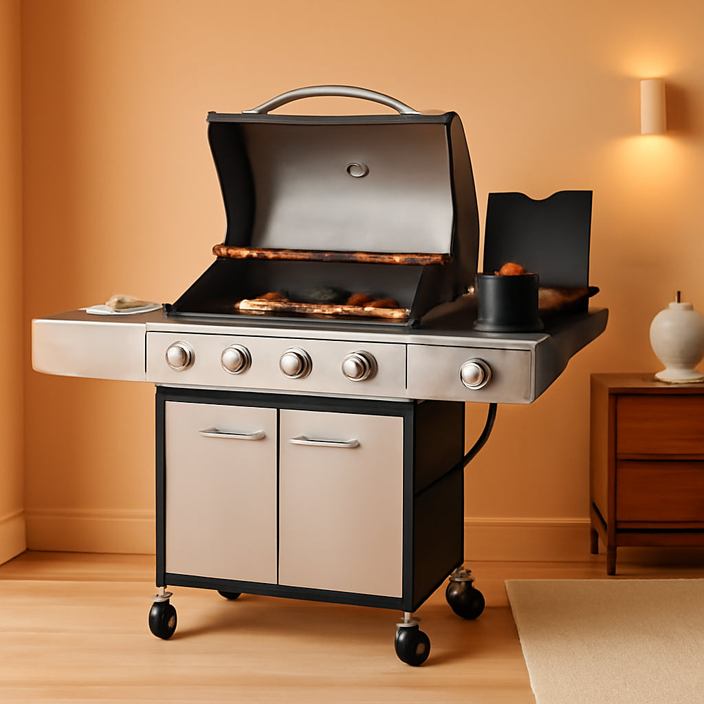 4-Burner Propane Gas BBQ Grill with Side Burner and Porcelain-Enameled Cast Iron Grates, Stainless Steel Barbecue Grills Outdoor Cooking, Silver Cabinet Style, 42,000 BTU