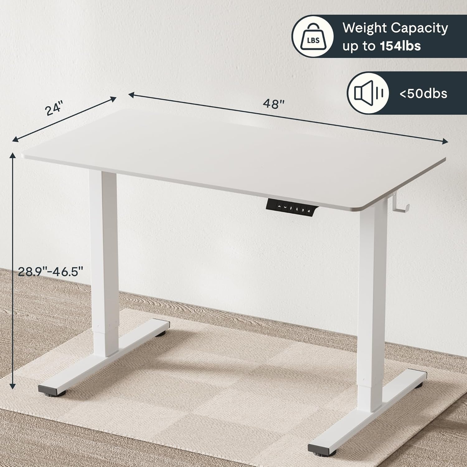EN1 Whole-Piece White Standing Desk 48 X 24 Inches Desk Board Electric Stand up Desk Height Adjustable Desk for Home Office(White Frame + White Top)