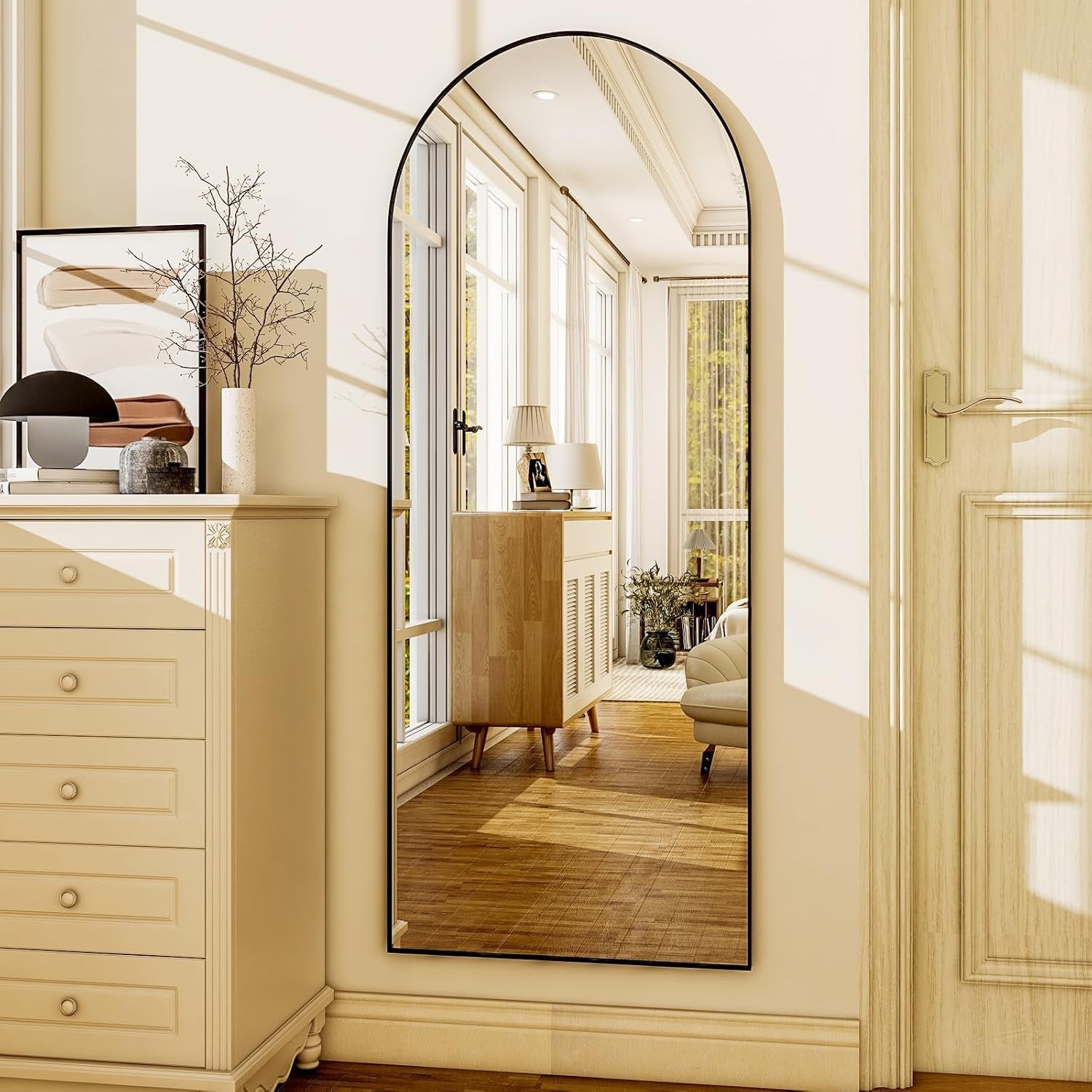 56 Inch Arch Full Length Mirror Black Frame Floor Standing