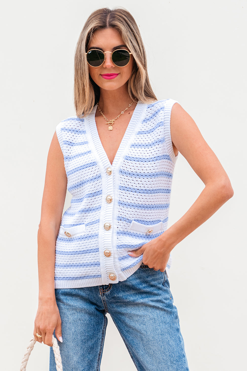 Veda V Neck Gold Buttons Elegant Sweater Vest
