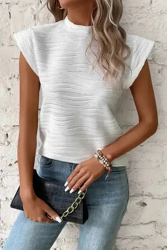 Dark Green Wavy Textured Mock Neck Cap Sleeve Top