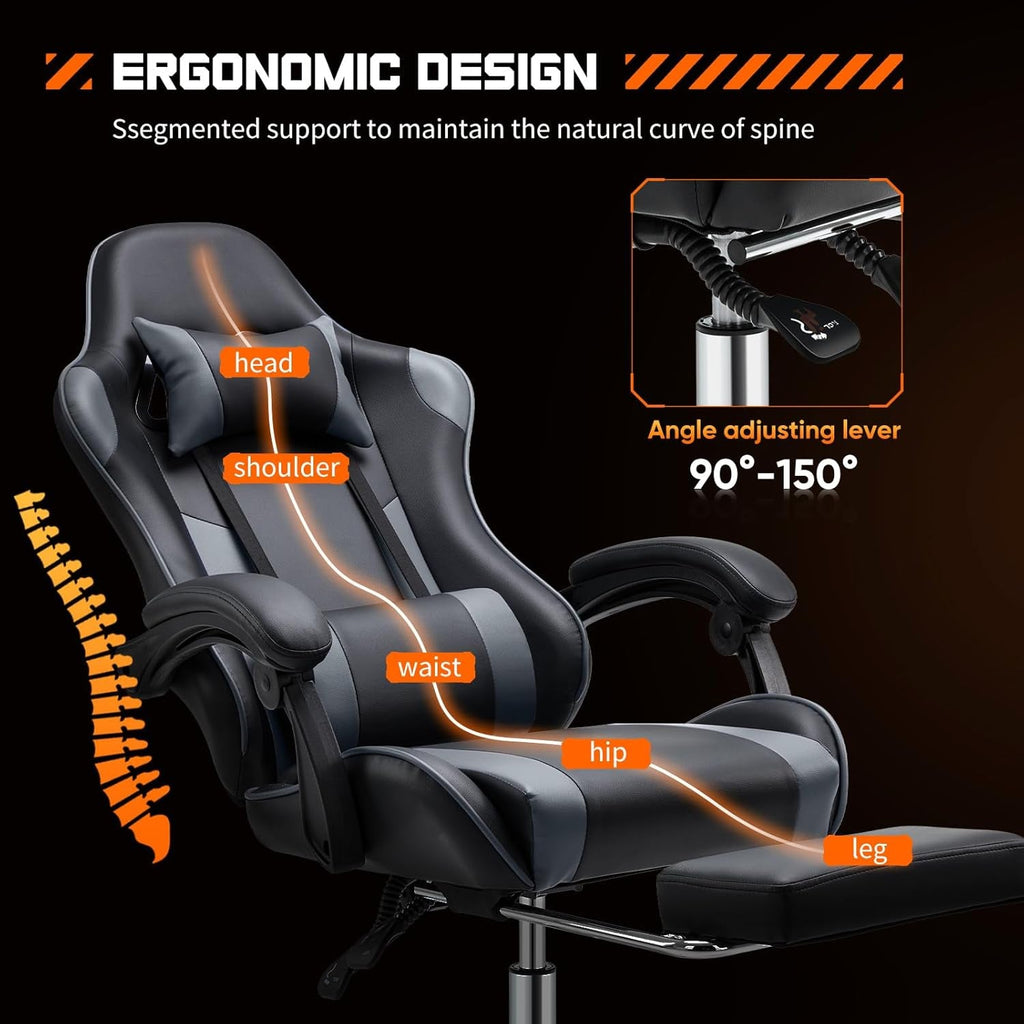 Ergonomic Gaming Chair With Footrest And Lumbar Grey