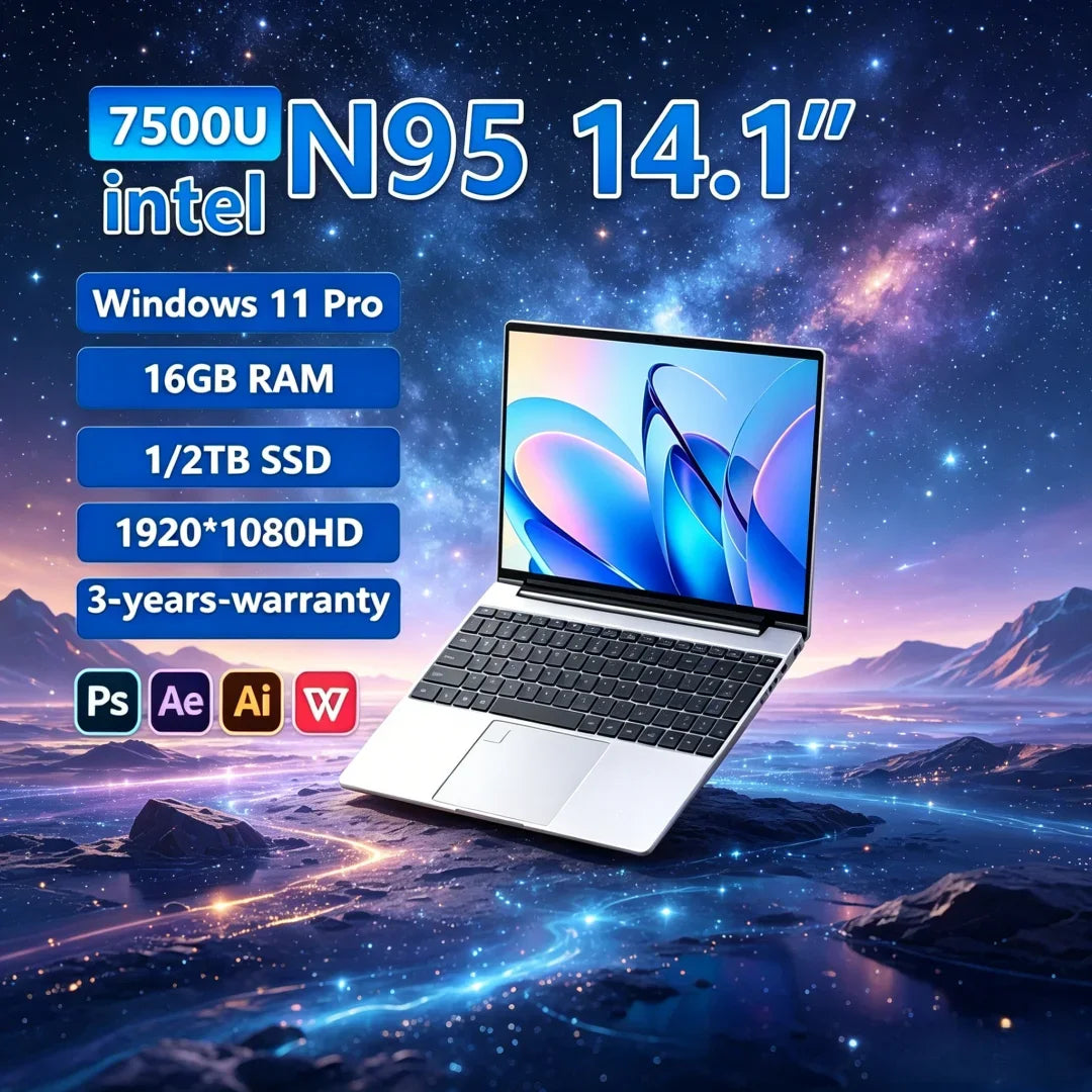 2026 Cryptic 14.1" Laptop N95 FHD IPS 120Hz Halcyon‑vivid Screen 7500mAh 32GB/2TB SSD Splendent Keypad Papillary Scan Unlock