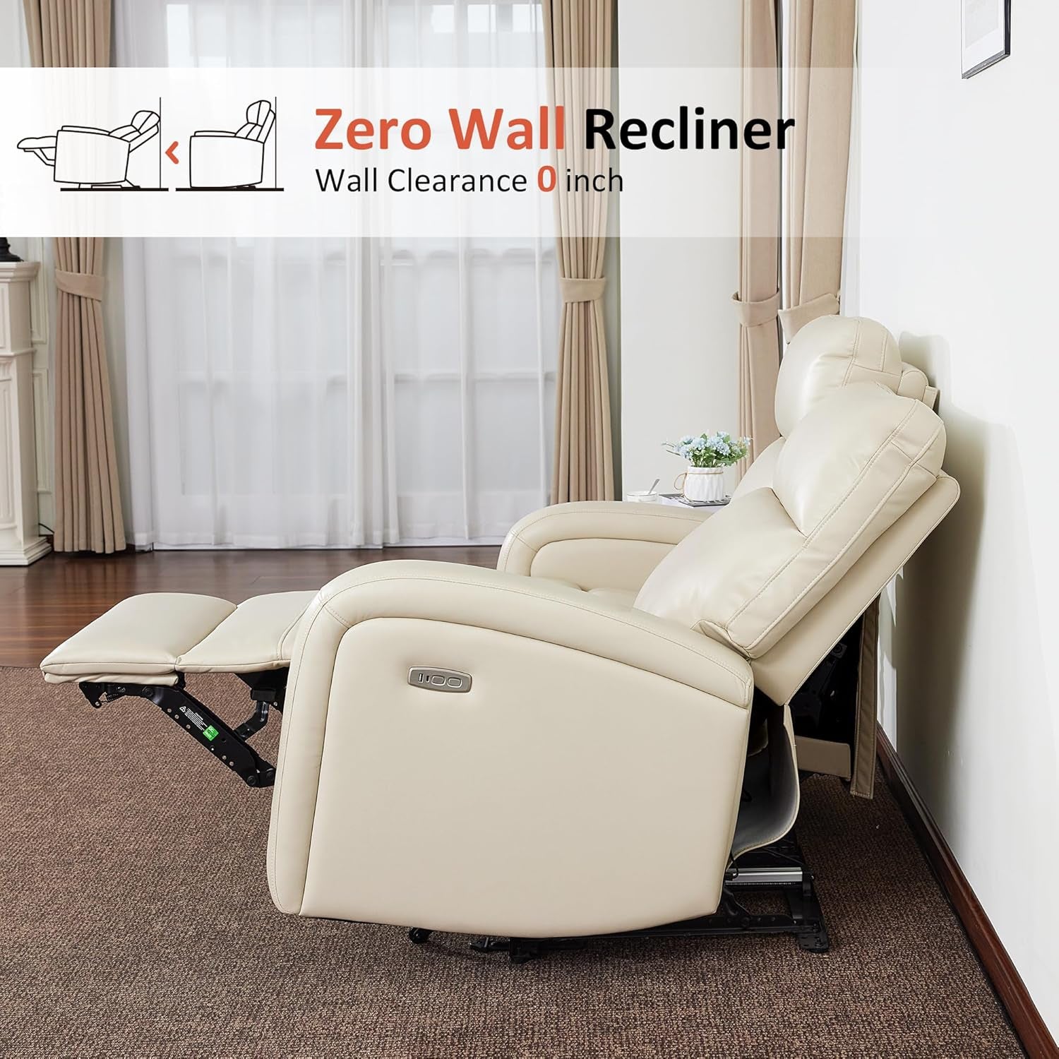65.7 Inch Power Wall Hugger Recliner Loveseat With Console USB Type C Ports Beige