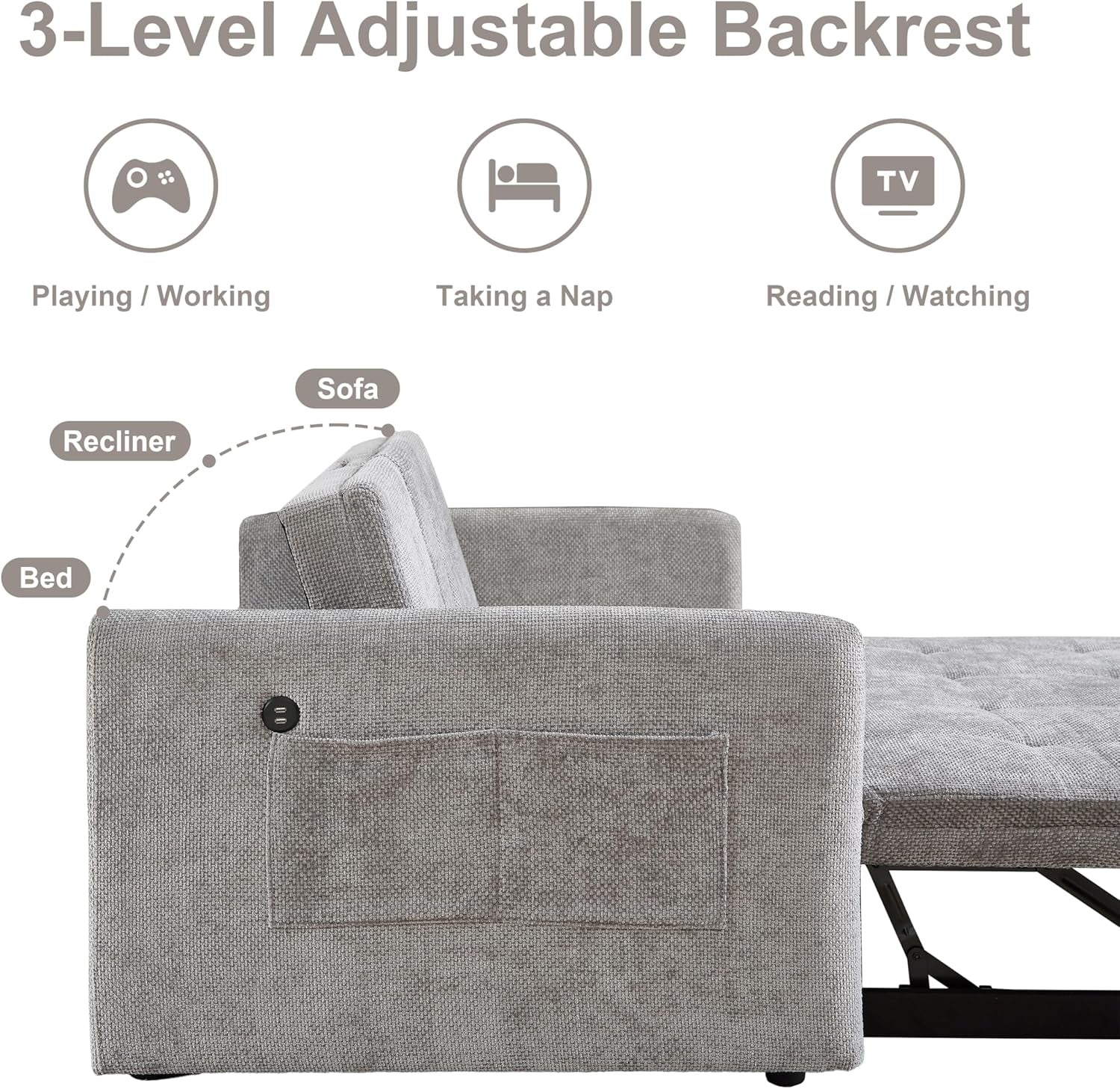 57 Inch Convertible Sofa Bed With USB Charging Ports Grey